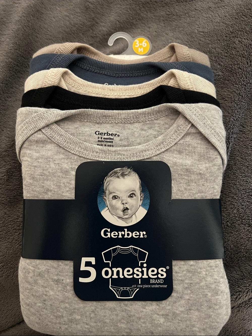 Gerber 5-Pack Baby Onesies in Gray, Navy, Black, Cream, and Tan